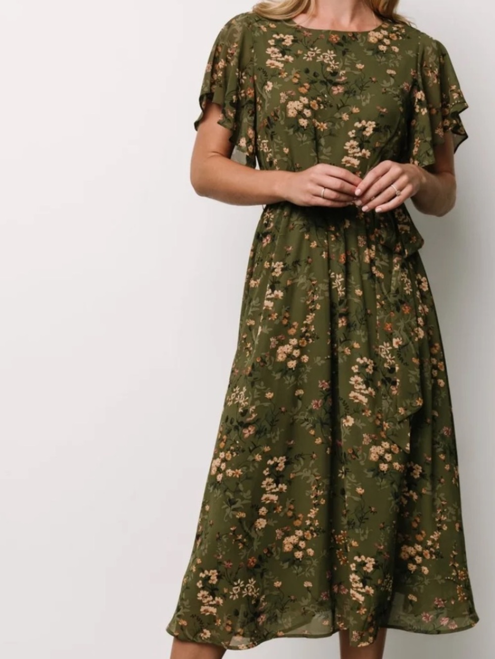 New!!! Baltic Born Olive Green Floral Midi Dress with Tie Waist - Picture 4 of 17